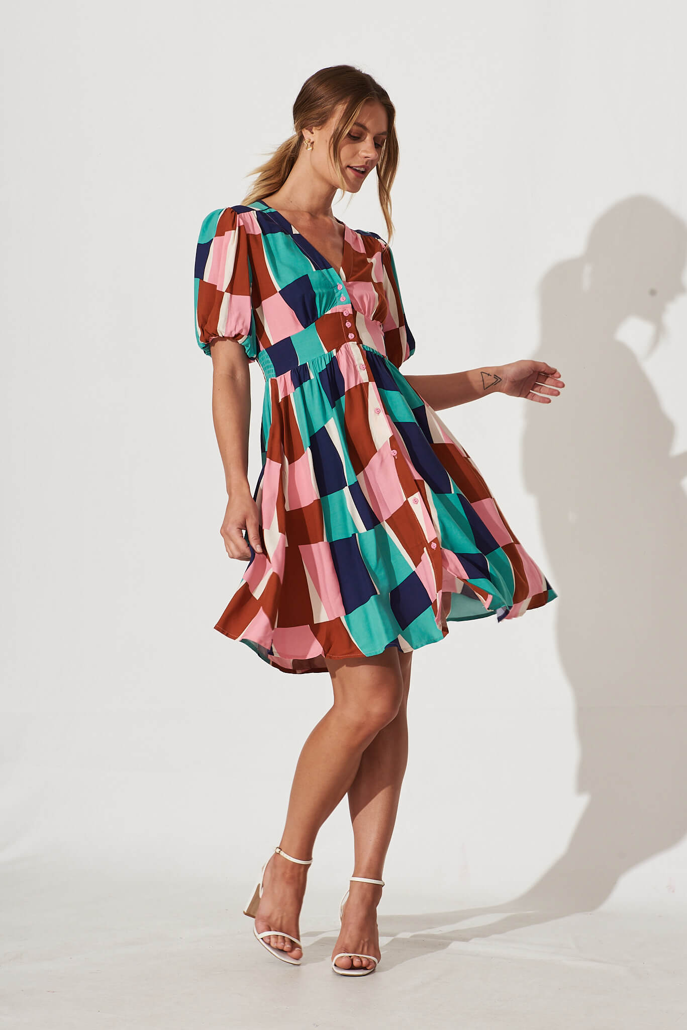 Marina Dress In Multi Abstract Squares Print - full length
