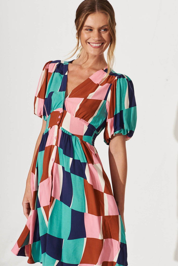 Marina Dress In Multi Abstract Squares Print - front
