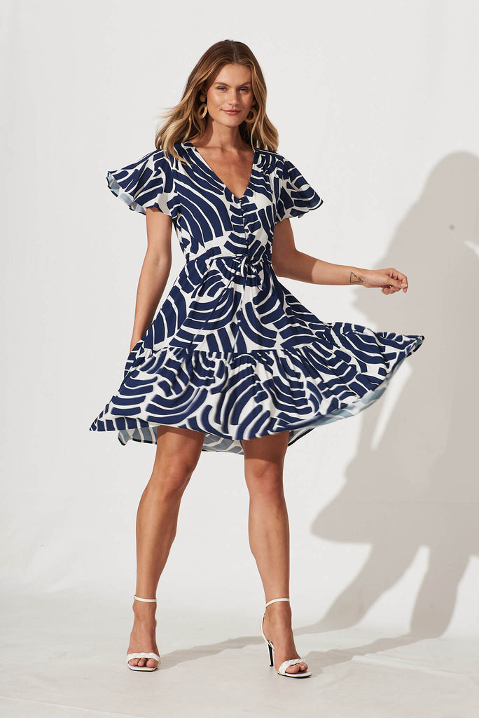 Tuesday Dress In Navy With White Print - full length