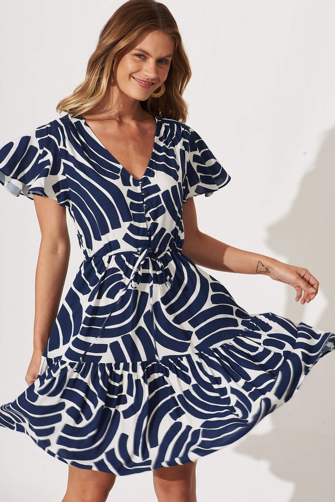 Tuesday Dress In Navy With White Print - front