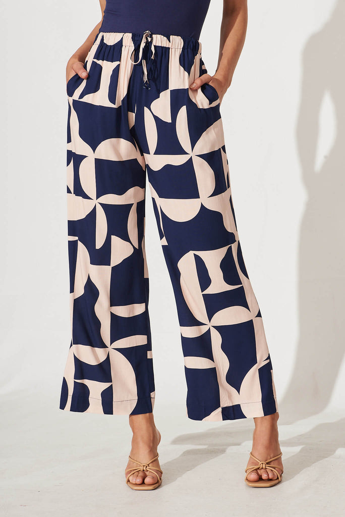 Oceanside Pants In Navy And Cream Geometric Print - front