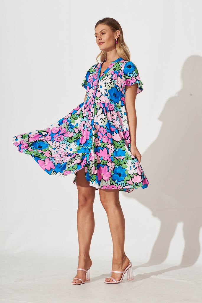 Saldana Smock Dress In Bright Multi Floral - full length