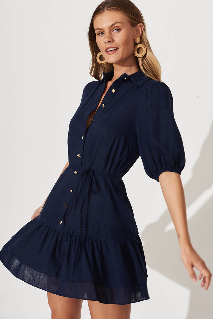 Irresistible Shirt Dress In Navy Linen Cotton Blend - side