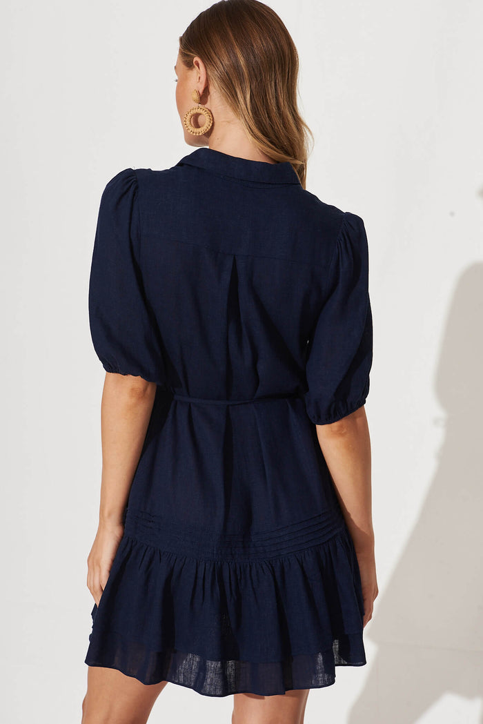Irresistible Shirt Dress In Navy Linen Cotton Blend - back