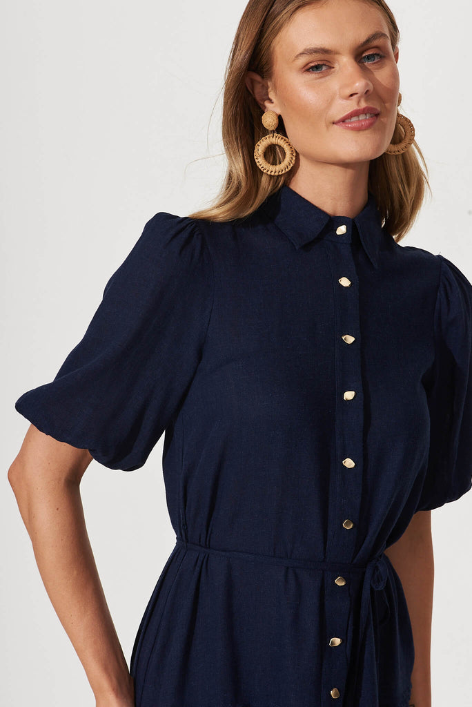 Irresistible Shirt Dress In Navy Linen Cotton Blend - detail