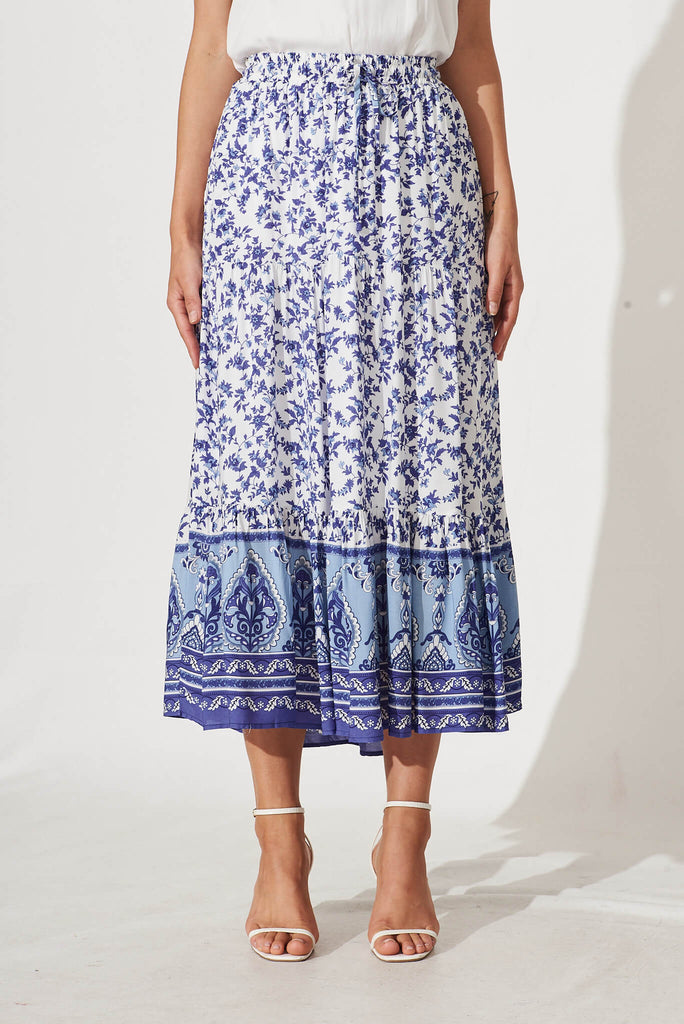 Atlanna Midi Skirt In Blue Border Print - front