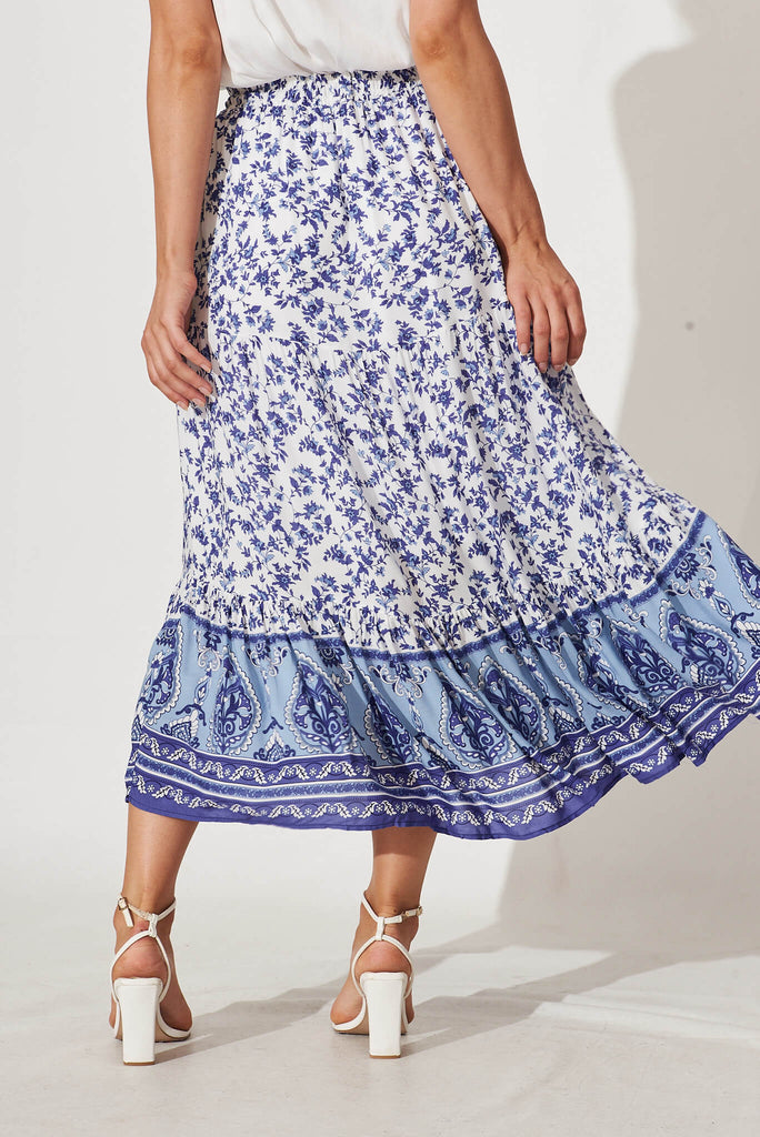 Atlanna Midi Skirt In Blue Border Print - back