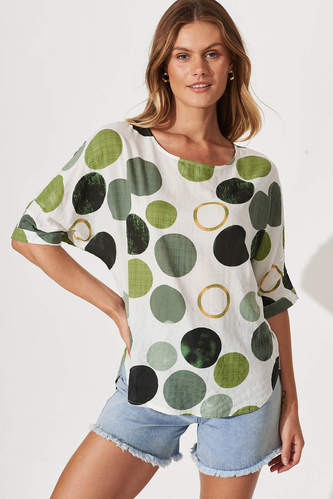 Orleans Top In White With Green Spots Cotton
