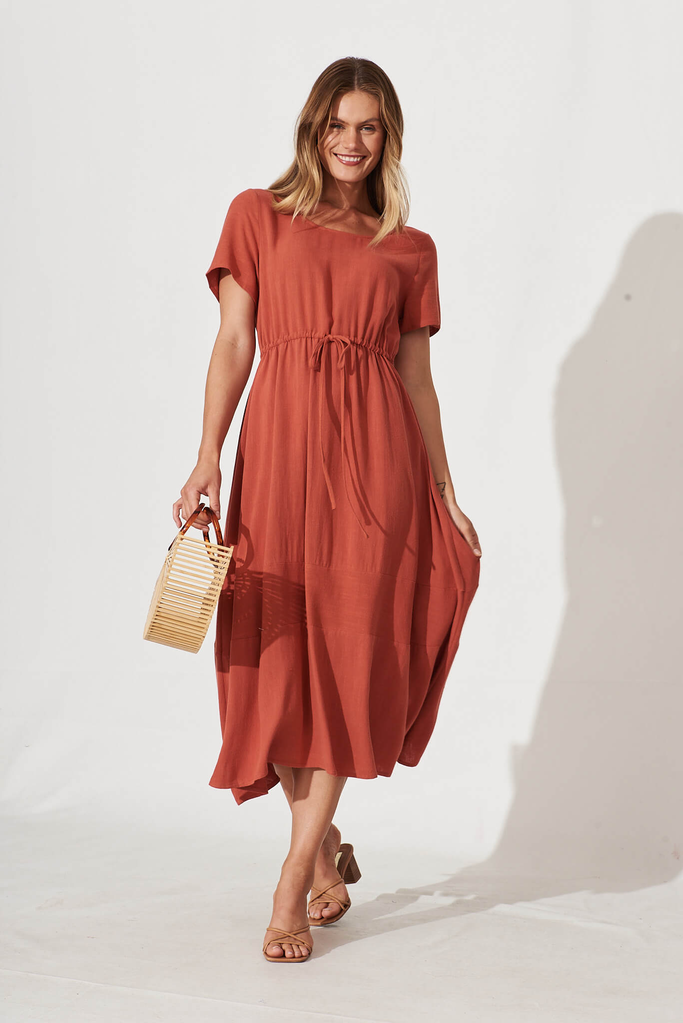 Mary Midi Dress In Rust Linen - full length