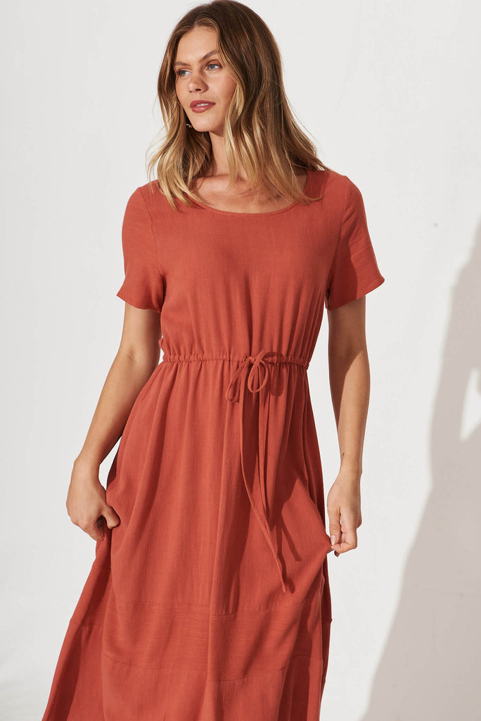 Mary Midi Dress In Rust Linen - front