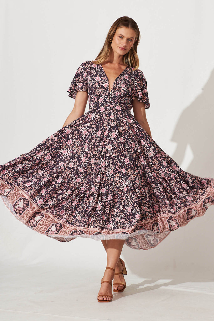 Nevada Maxi Dress In Navy With Blush Vintage Floral - full length