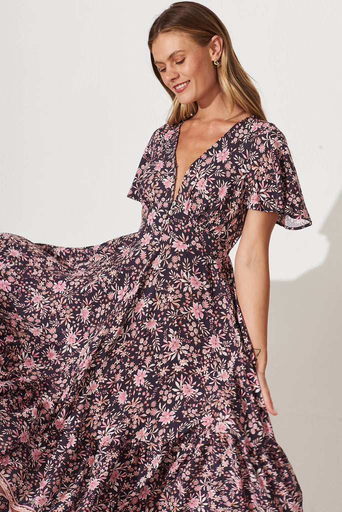 Nevada Maxi Dress In Navy With Blush Vintage Floral - front