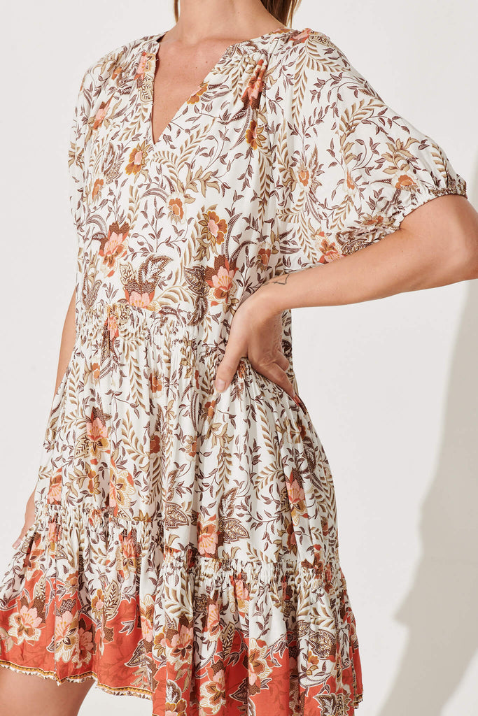 Jane Smock Dress In White With Rust Border Print - detail