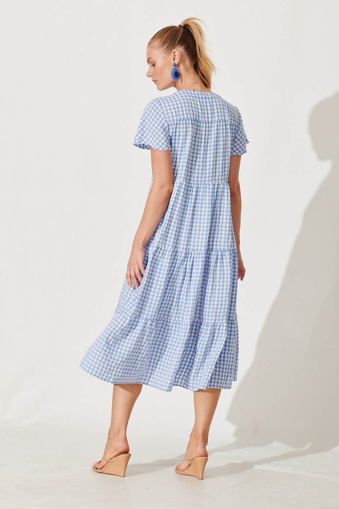 Bently Midi Dress In Blue Gingham Check Cotton Blend - back