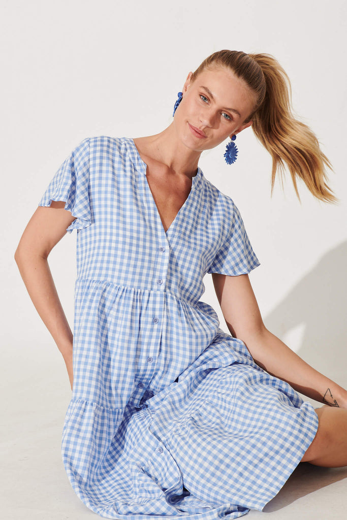 Bently Midi Dress In Blue Gingham Check Cotton Blend - front