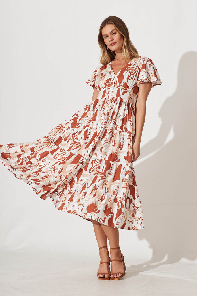 Beautiful Lover Midi Dress In White And Chocolate Print - full length