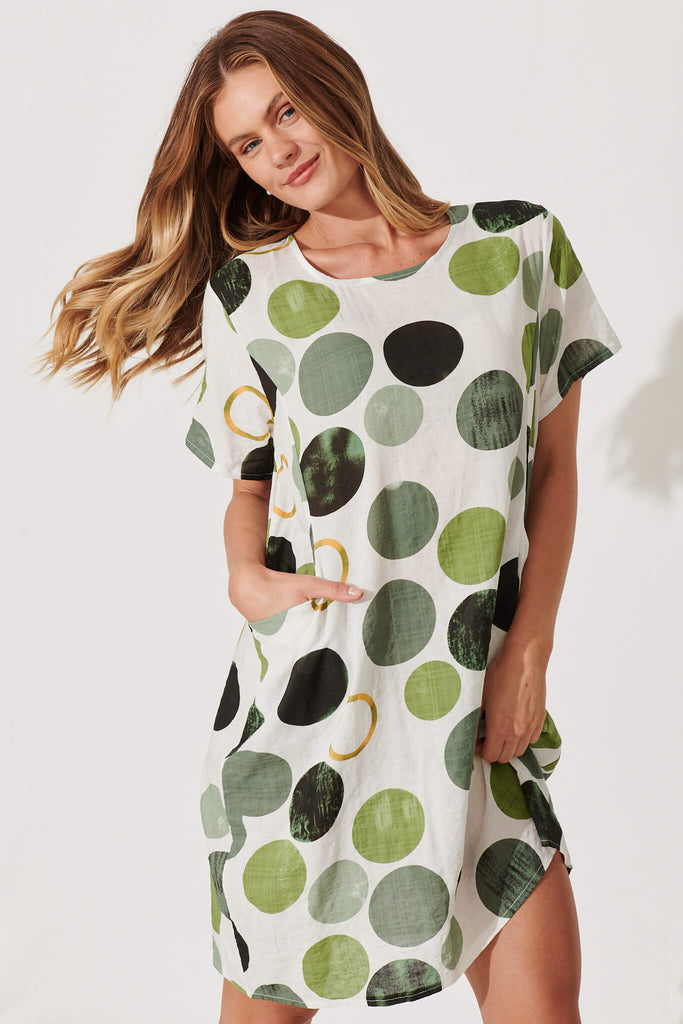 Nectar Smock Dress In White With Green Polka Dot Cotton Blend - front
