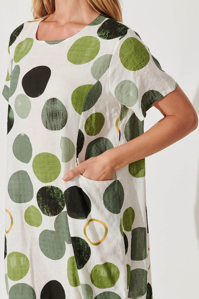 Nectar Smock Dress In White With Green Polka Dot Cotton Blend - detail