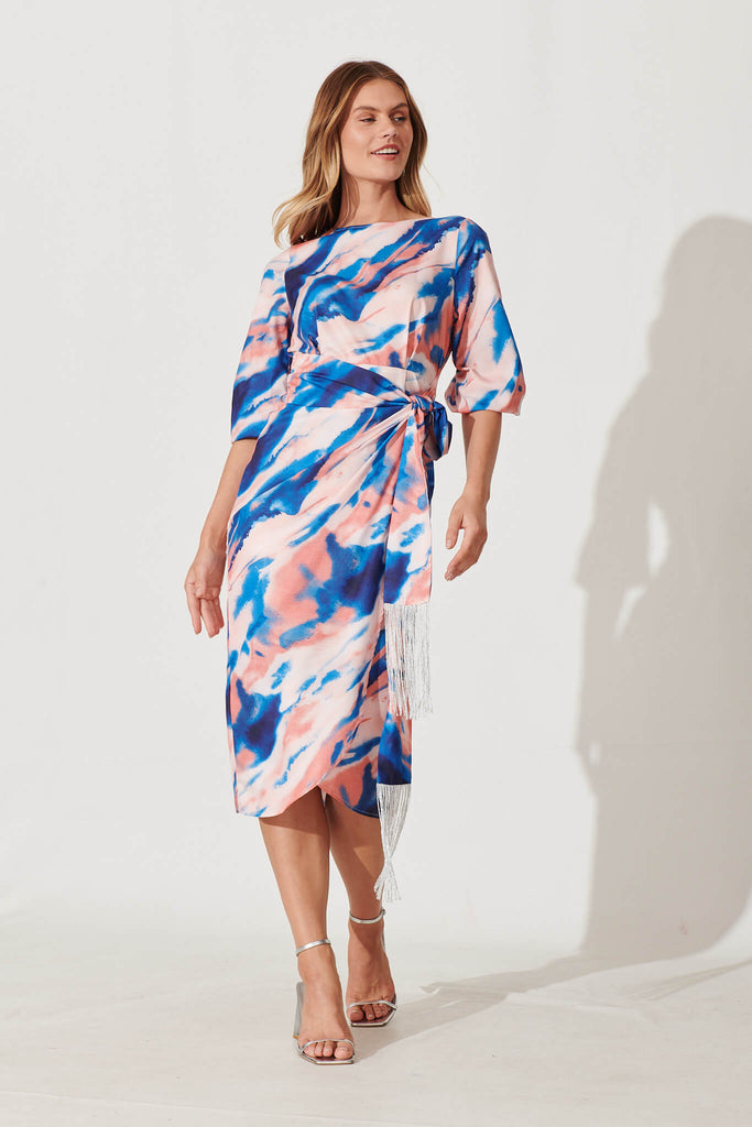 Romania Midi Dress In Pink And Blue Watercolour - full length
