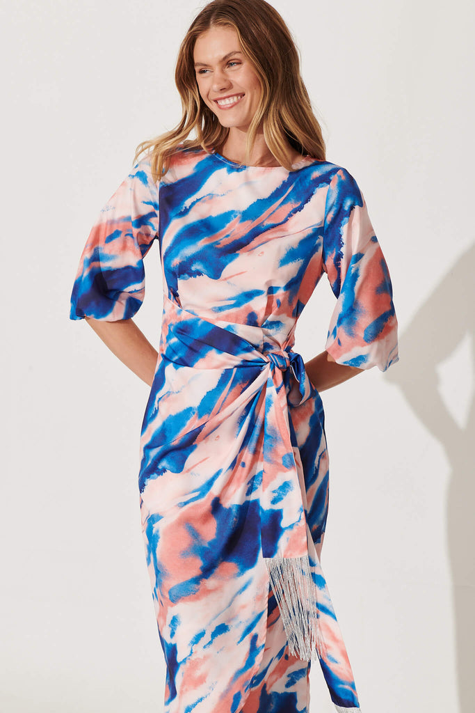 Romania Midi Dress In Pink And Blue Watercolour - front