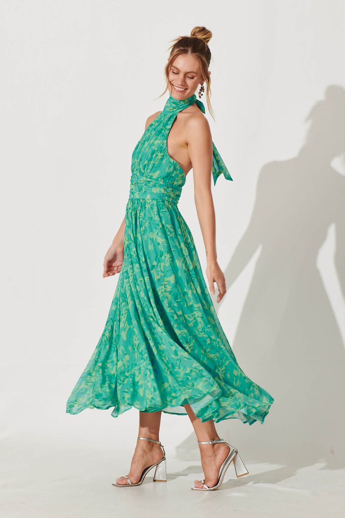 Heartbreaker Halter Neck Maxi Dress In Green Floral Chiffon - side