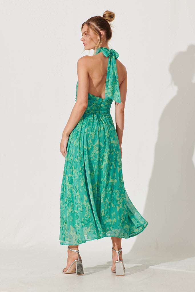 Heartbreaker Halter Neck Maxi Dress In Green Floral Chiffon - back