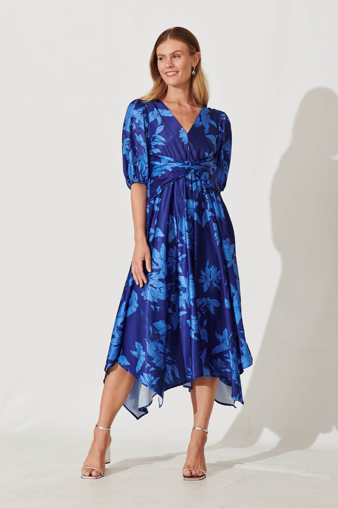 Bloomin Midi Dress In Blue Floral Print - full length