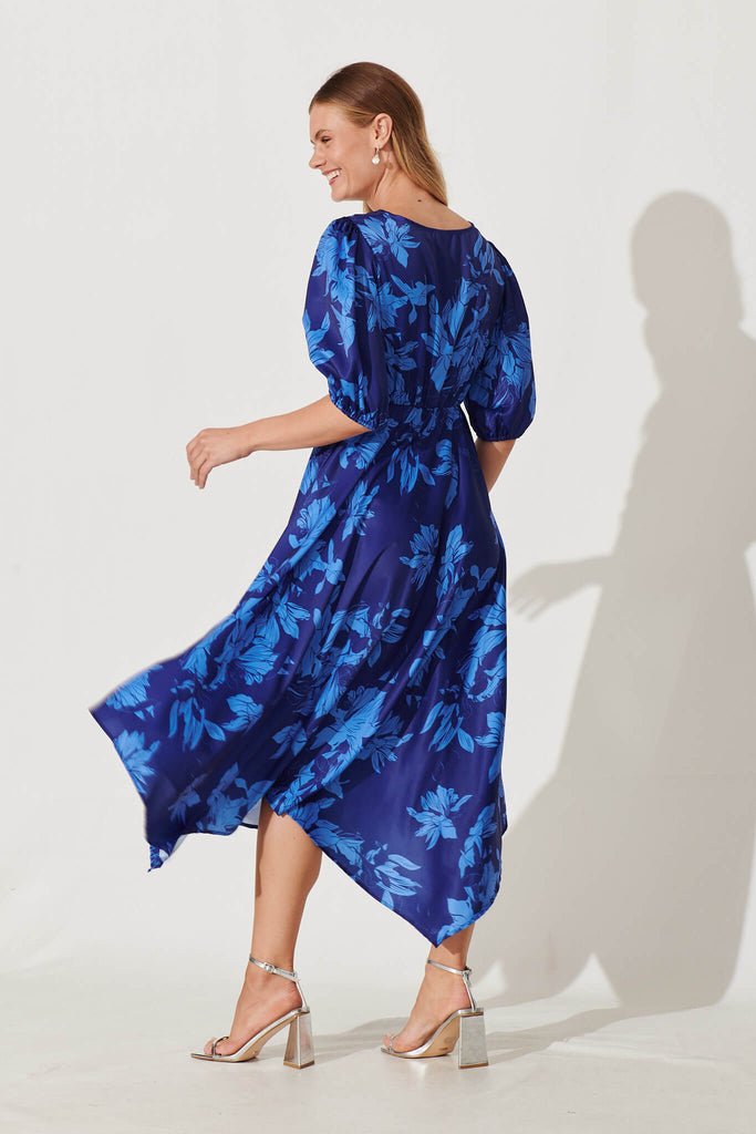 Bloomin Midi Dress In Blue Floral Print - back