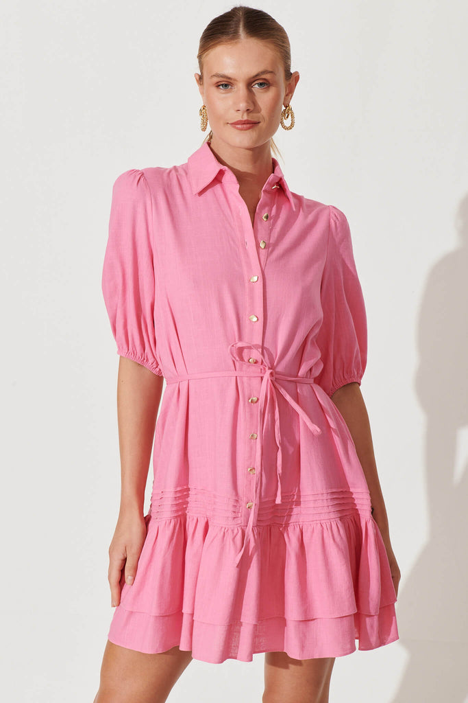 Irresistible Shirt Dress In Blush Linen Cotton Blend - front