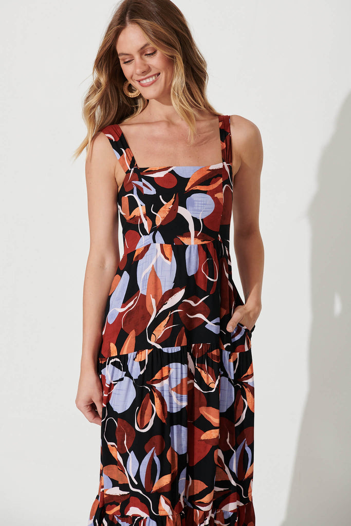 Izabel Maxi Sundress In Black With Brown And Blue Leaf - front