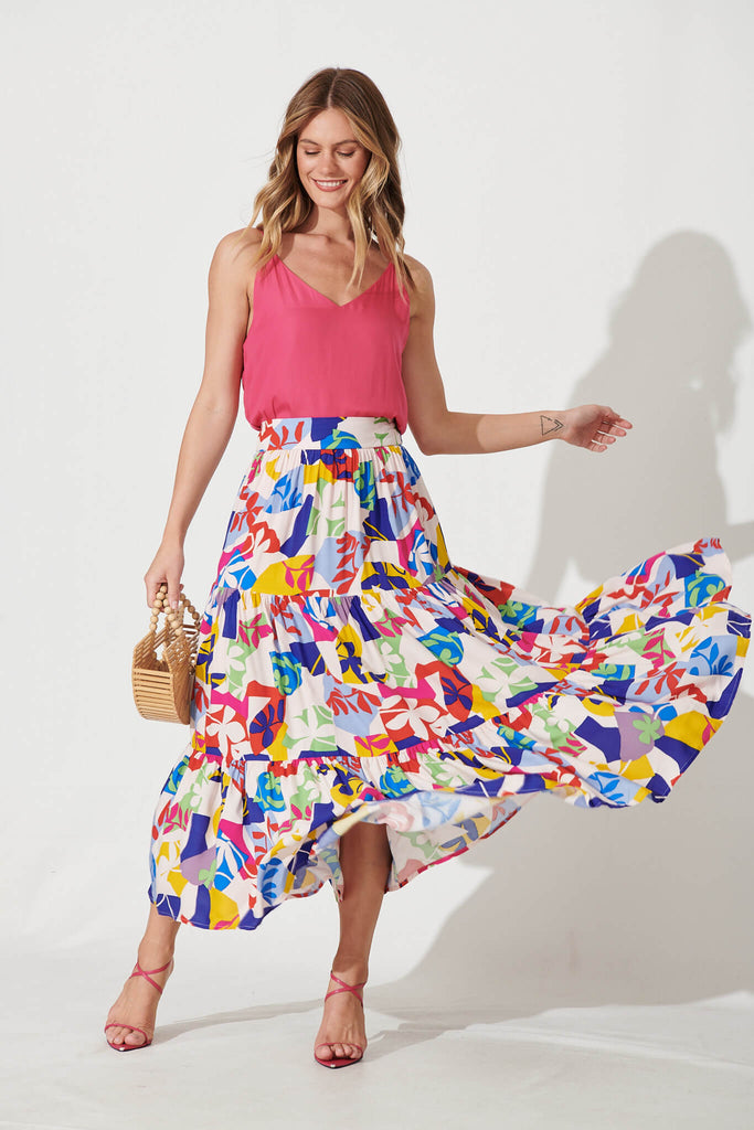 Wanderlust Maxi Skirt In Bright Multi Leaf Print - full length