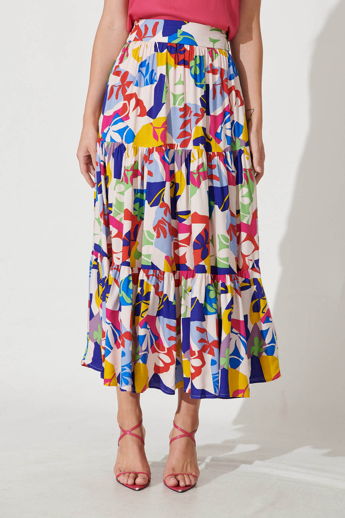 Wanderlust Maxi Skirt In Bright Multi Leaf Print - front
