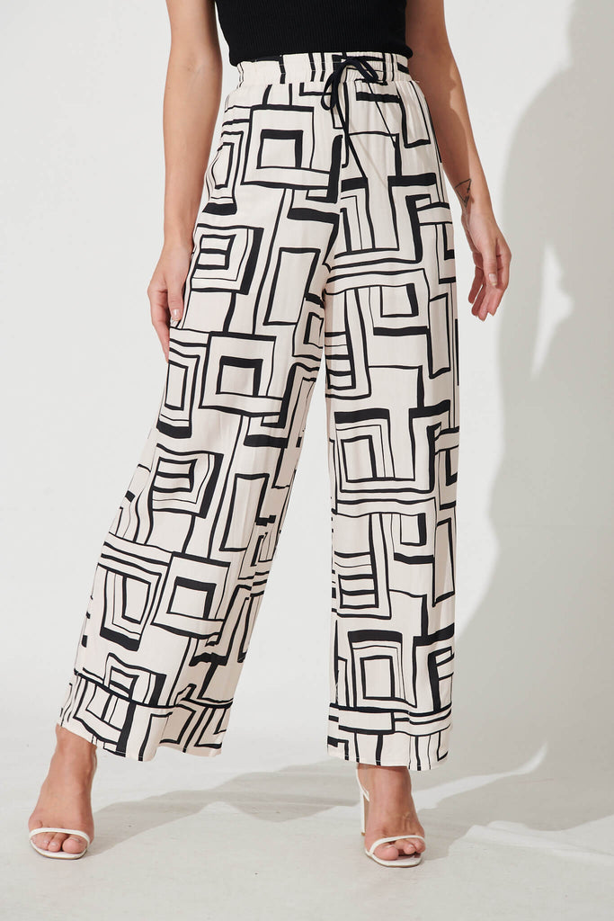 Santa Monica Pants In Cream With Black Geometric Linen Blend - front