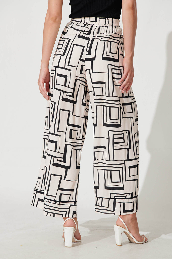 Santa Monica Pants In Cream With Black Geometric Linen Blend - back