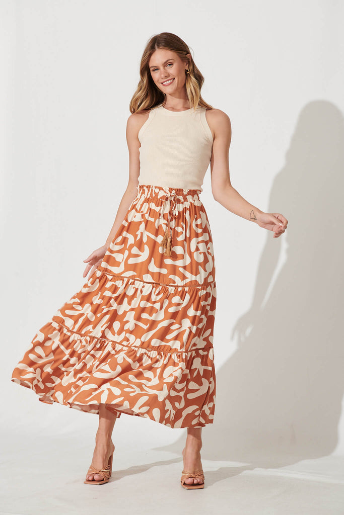Freedom Maxi Skirt In In Tan With Cream Print - full length