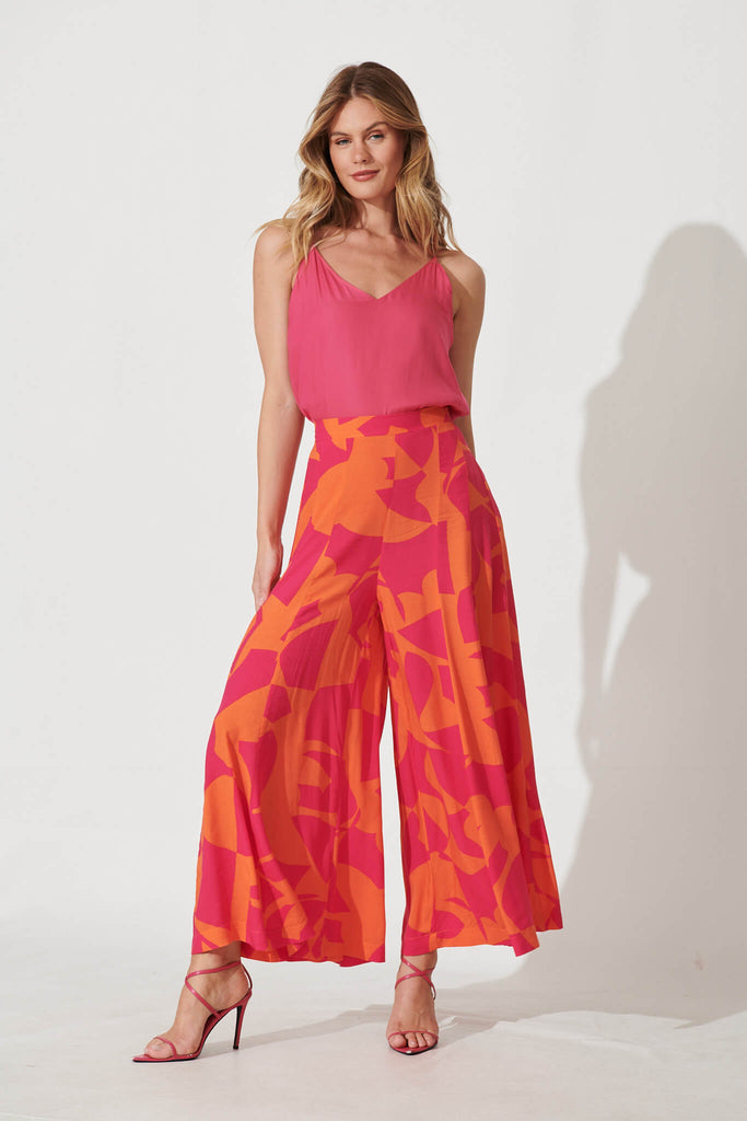 Effenty Pants In Tangerine With Pink Print - full length