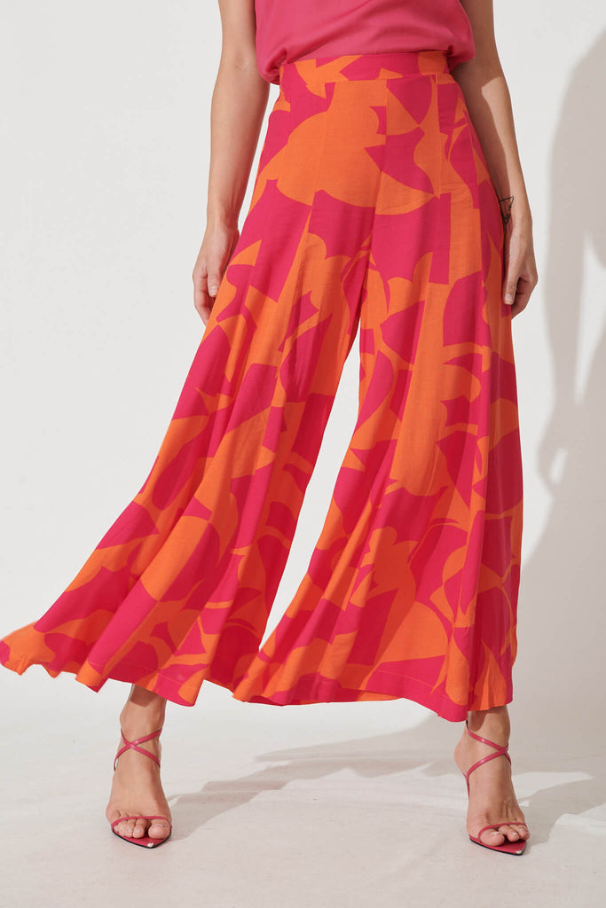 Effenty Pants In Tangerine With Pink Print - front