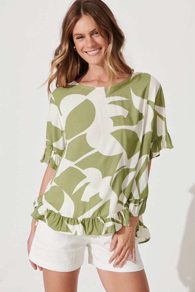 Catharina Top In Olive And Cream Geometric Print - front