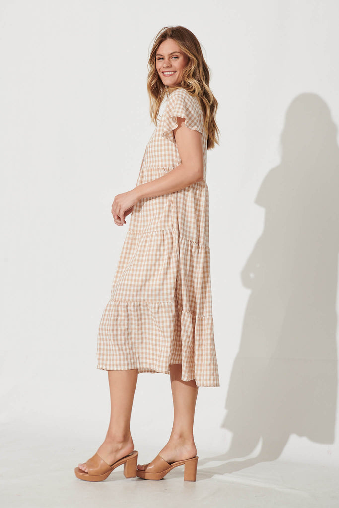 Bently Midi Dress In Beige Gingham Check Cotton Blend - side