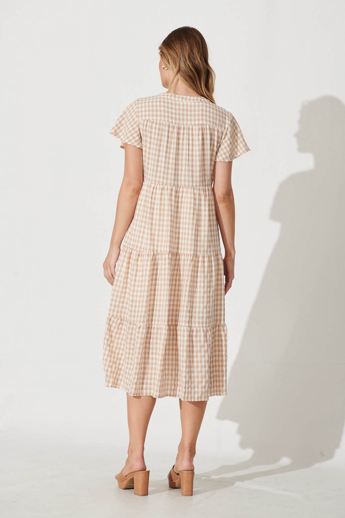 Bently Midi Dress In Beige Gingham Check Cotton Blend - back