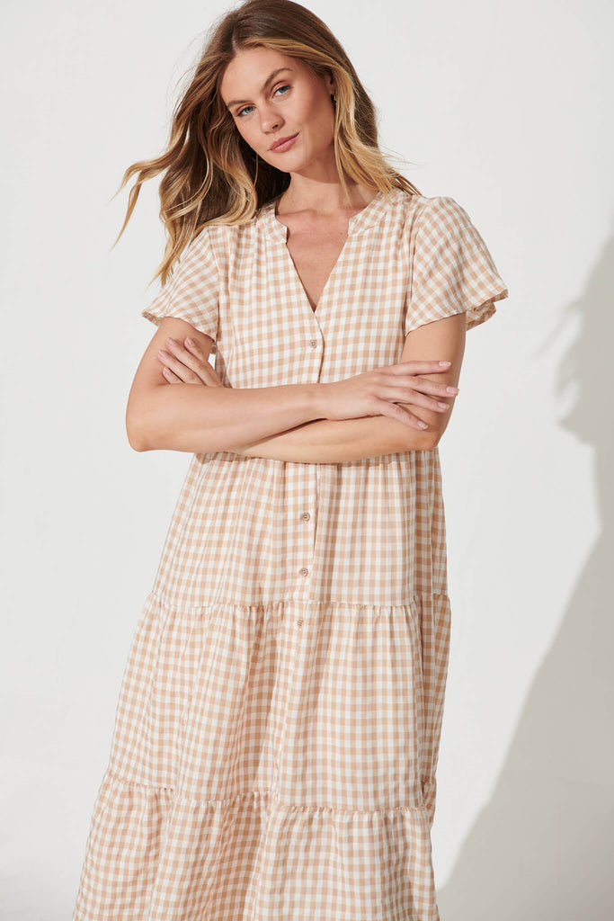 Bently Midi Dress In Beige Gingham Check Cotton Blend - front