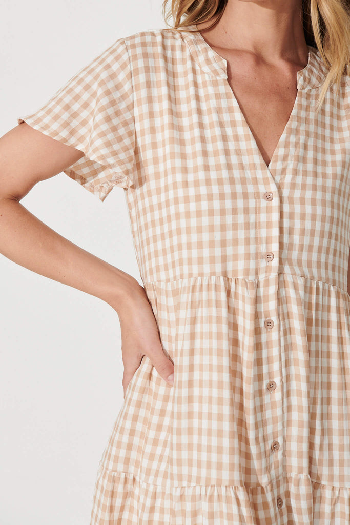 Bently Midi Dress In Beige Gingham Check Cotton Blend - detail
