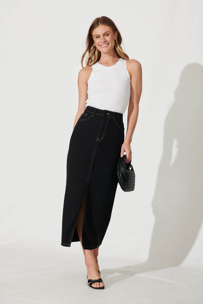 Lattice Maxi Denim Skirt In Black - full length