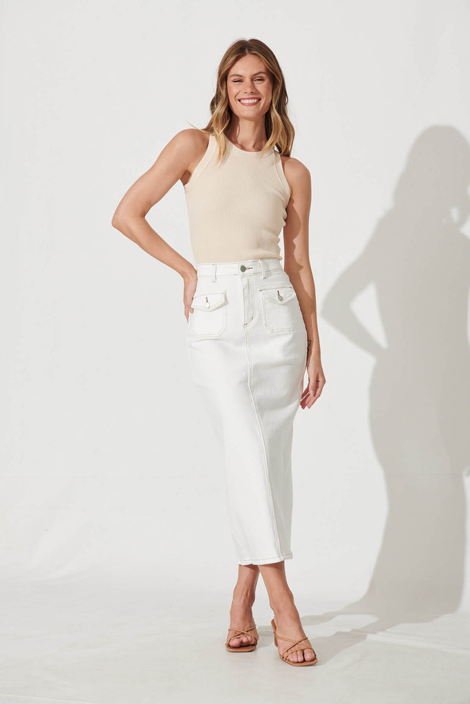Delta Maxi Denim Skirt In White - full length