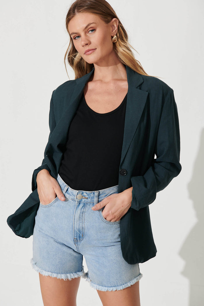Pevita Blazer In Emerald Cotton Linen - front