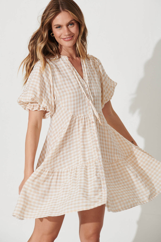Santanna Smock Dress In Beige And White Gingham Cotton Blend - front