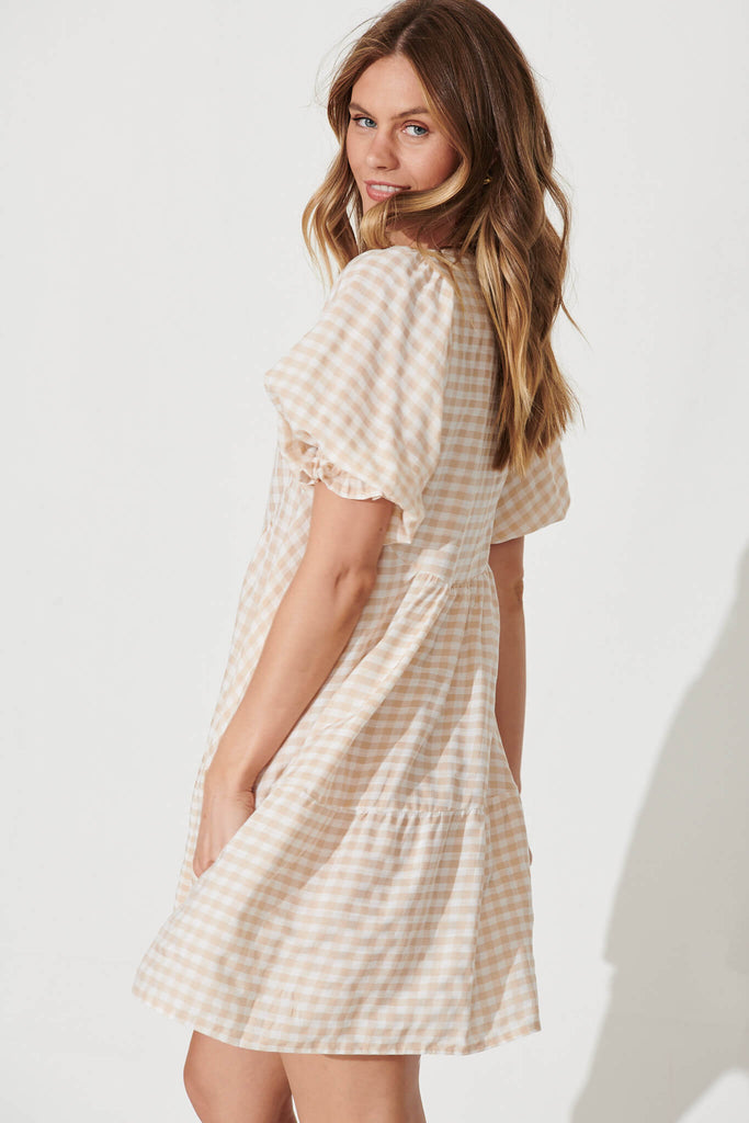 Santanna Smock Dress In Beige And White Gingham Cotton Blend - side