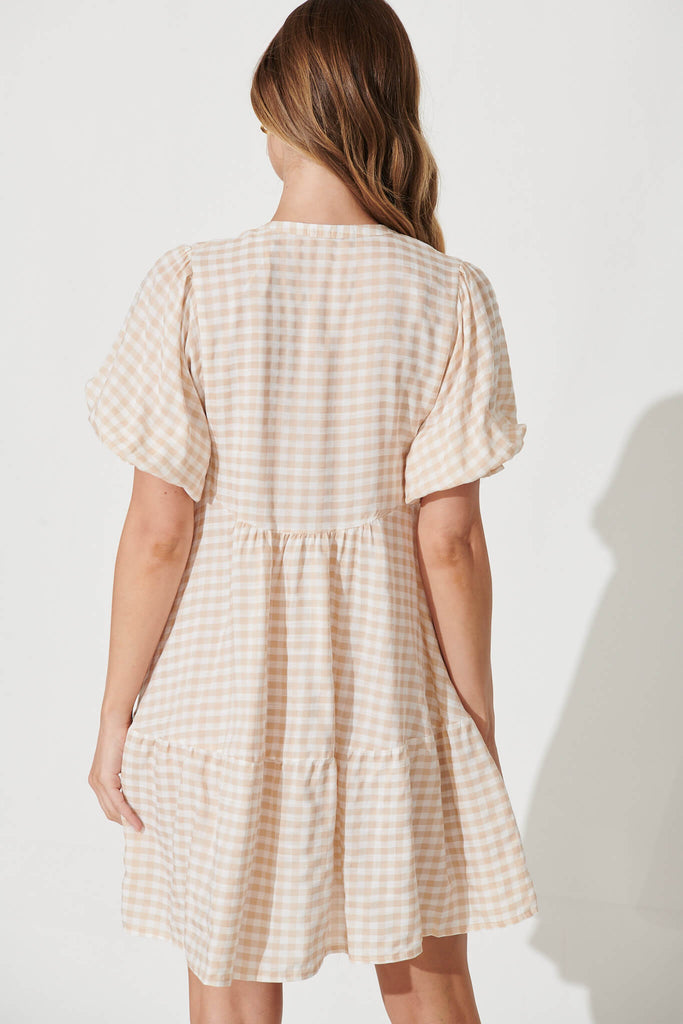 Santanna Smock Dress In Beige And White Gingham Cotton Blend - back