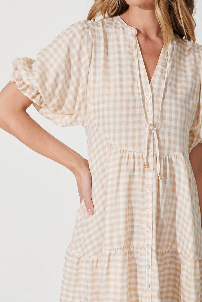 Santanna Smock Dress In Beige And White Gingham Cotton Blend - detail