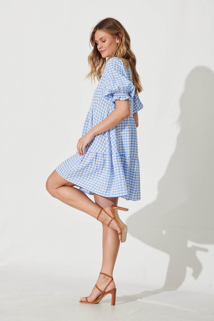 Santanna Smock Dress In Blue And White Gingham Cotton Blend - side